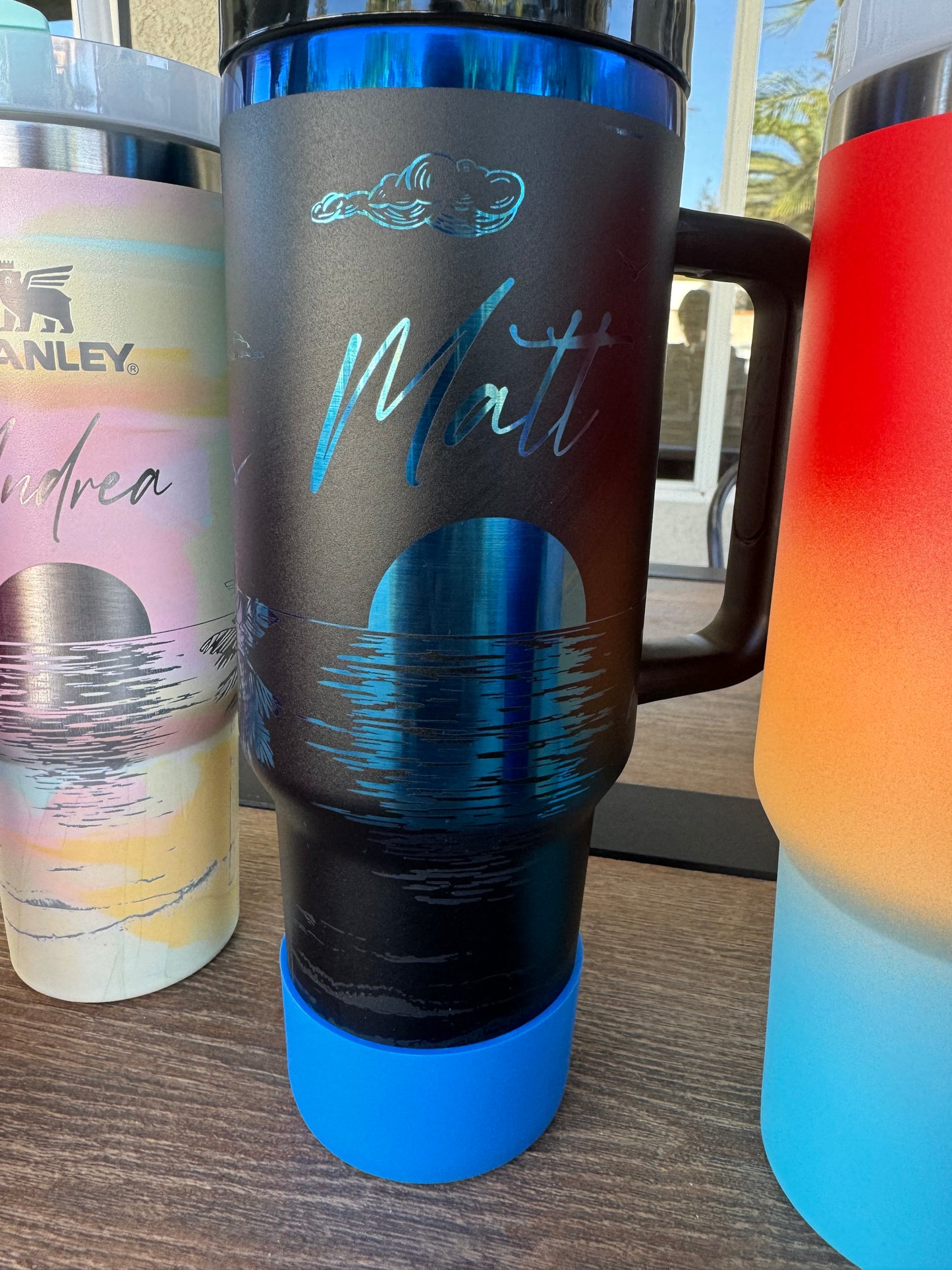 Full Beach Wrap Custom Engraved 40 Ounce CMP Ready Tumbler! Black Theme Logo and Name Blue Color Plated  Engraved Tumbler - Personalization included