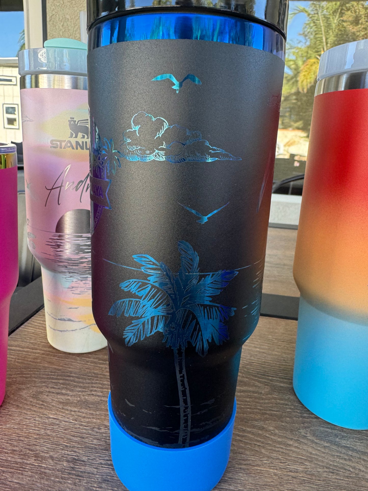 Full Beach Wrap Custom Engraved 40 Ounce CMP Ready Tumbler! Black Theme Logo and Name Blue Color Plated  Engraved Tumbler - Personalization included