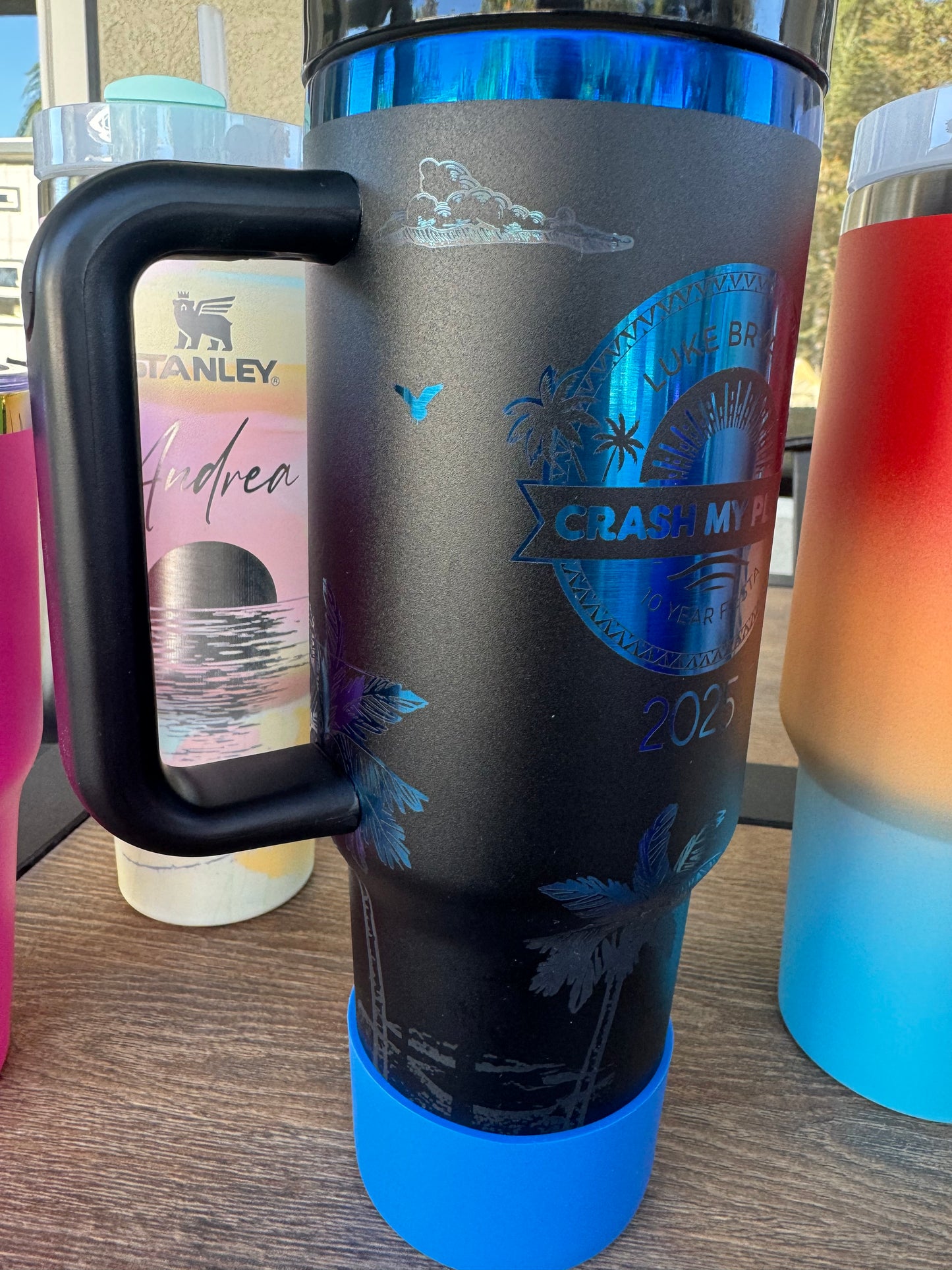 Full Beach Wrap Custom Engraved 40 Ounce CMP Ready Tumbler! Black Theme Logo and Name Blue Color Plated  Engraved Tumbler - Personalization included